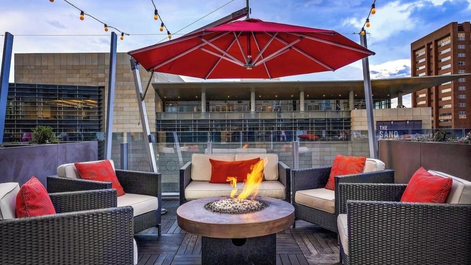 Outdoor lounge and fire pit at The Art Hotel Denver.