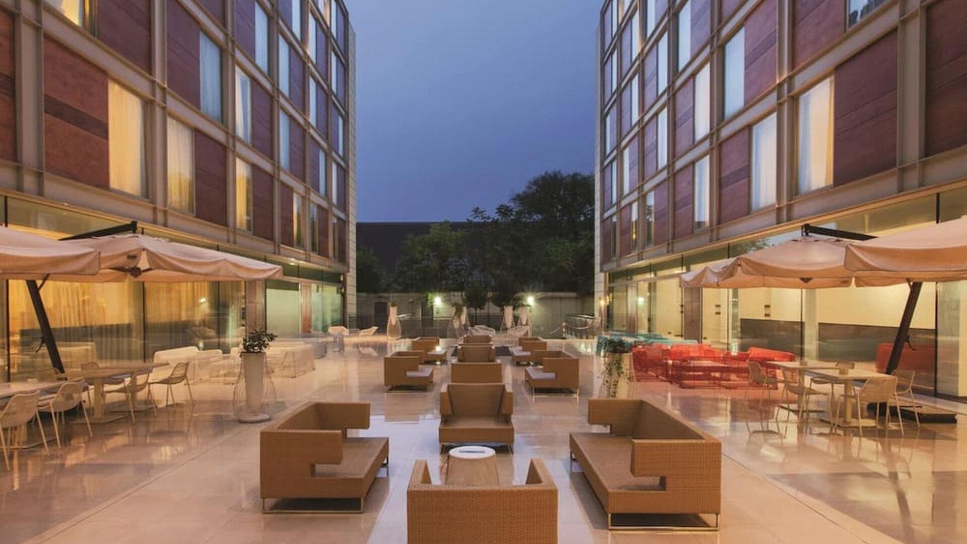 Outdoor terrace and coworking space at DoubleTree By Hilton Milan.
