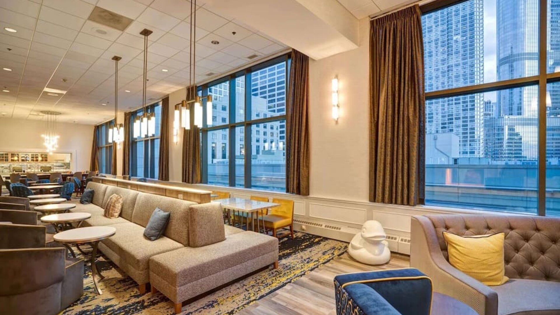Lounge and coworking space at Homewood Suites By Hilton Chicago-Downtown.