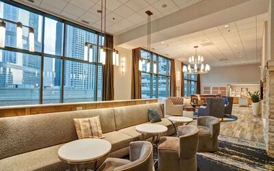 Dining and coworking space at Homewood Suites By Hilton Chicago-Downtown.