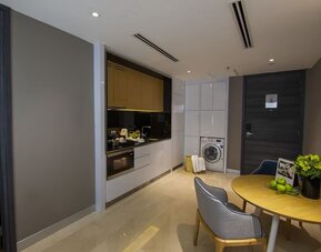 In-room kitchen at Fraser Place Puteri Harbour.