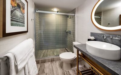 Guest bathroom with shower at Hotel Dena, Pasadena Los Angeles.