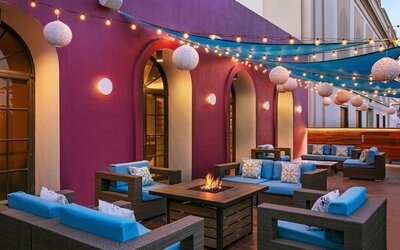 Coworking space, lounge, and fire pit at Hotel Dena, Pasadena Los Angeles.