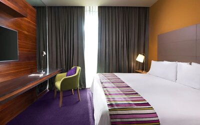 Romantic king room with TV at Hilton Garden Inn Monterrey Airport, Nuevo Leon, Mexico.