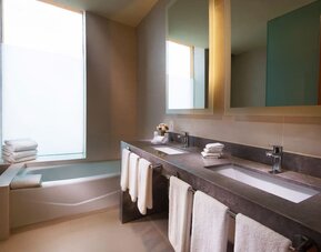 Guest bathroom at Hilton Garden Inn Monterrey Aeropuerto.