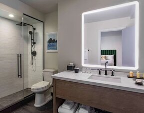 Guest bathroom with shower at Royal Sonesta Chicago Downtown. 