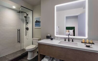 Guest bathroom with shower at Royal Sonesta Chicago Downtown. 