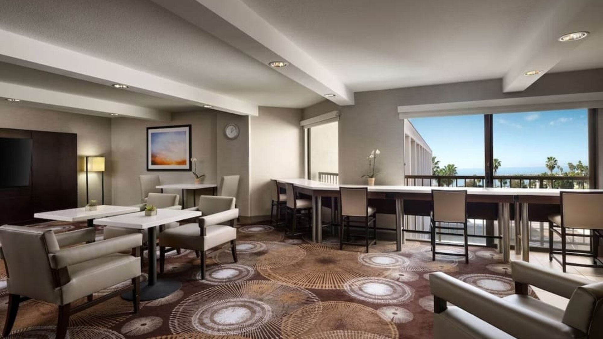 Lobby and lounge at Sonesta Redondo Beach & Marina.