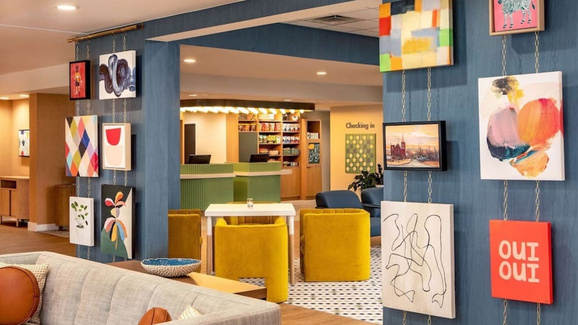 Coworking and lounge area at Sonesta Select Boston Foxborough Mansfield.