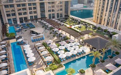 Hotel exterior at Hilton Dubai Al Habtoor City.