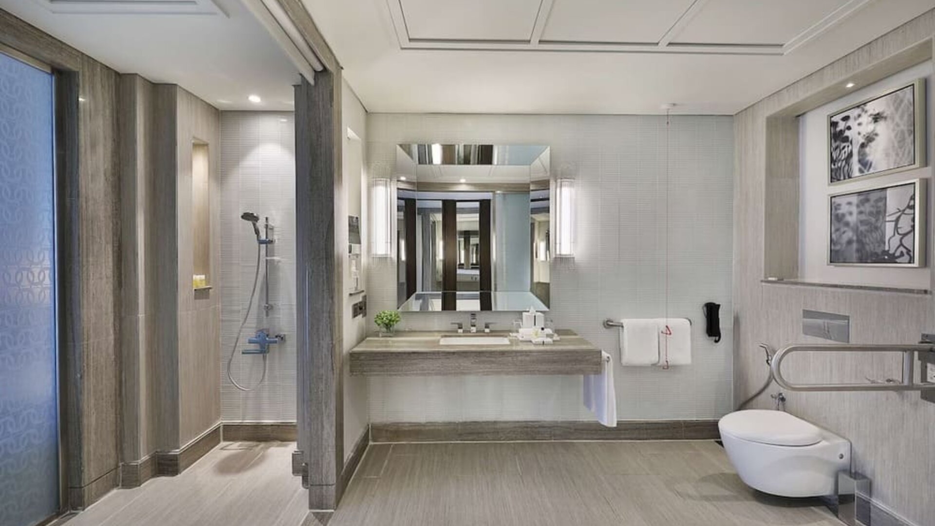 Guest bathroom at Hilton Dubai Al Habtoor City.