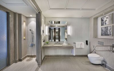 Guest bathroom at Hilton Dubai Al Habtoor City.