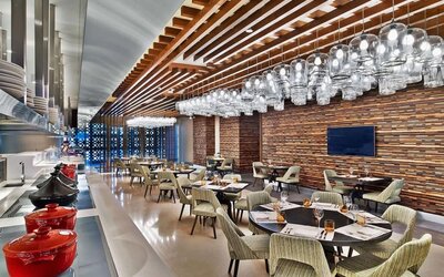 Dining and coworking space at V Hotel Dubai.