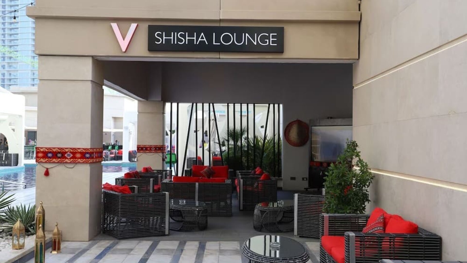 Street-side hotel lounge and restaurant at V Hotel Dubai.