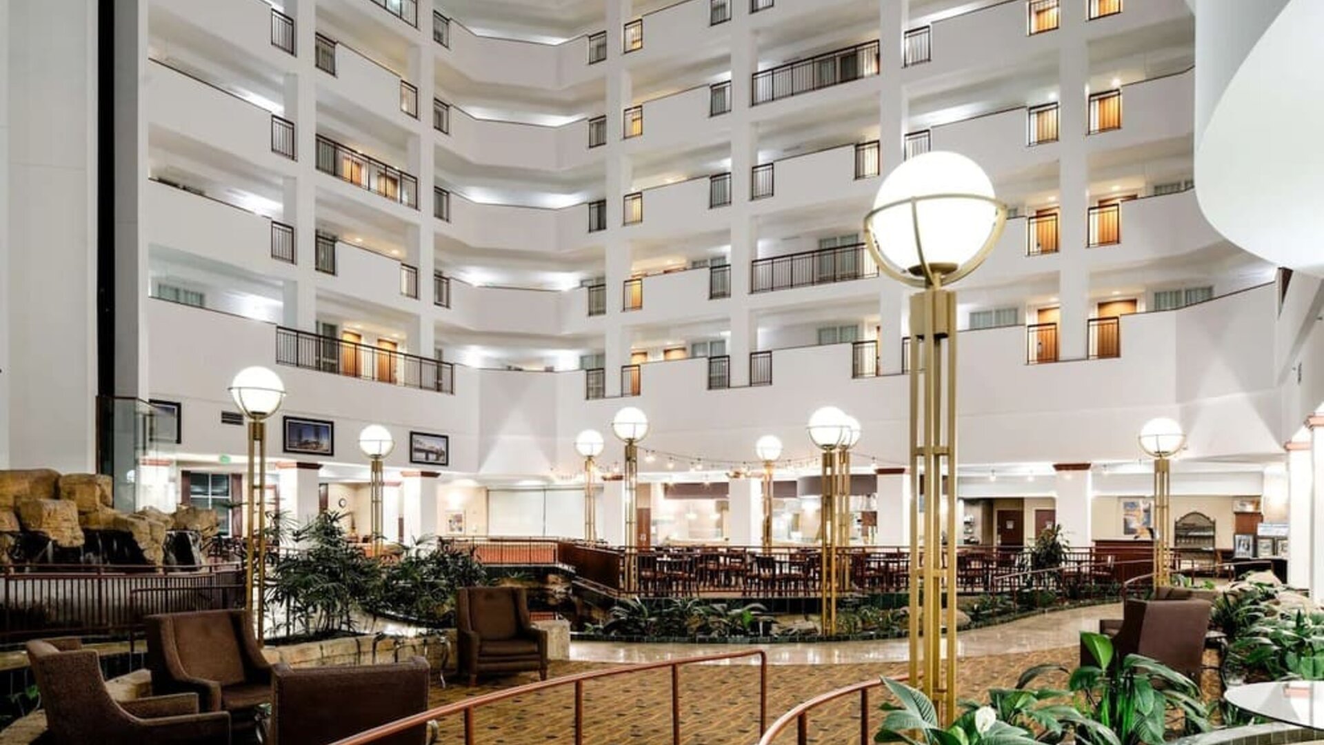 Lobby and lounge at Embassy Suites By Hilton Portland Airport.