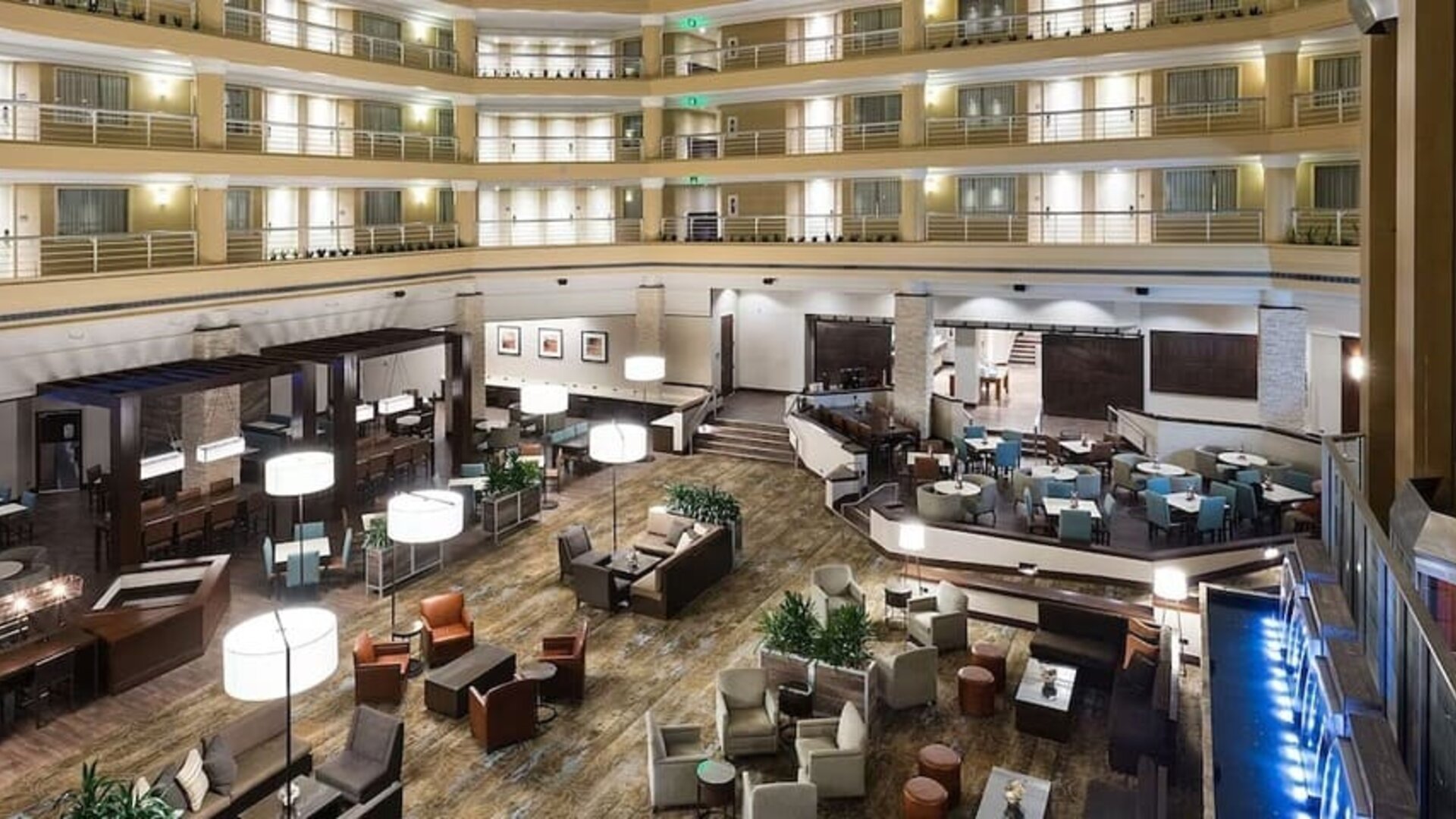 Lobby and coworking space at Embassy Suites By Hilton Denver Tech Center.