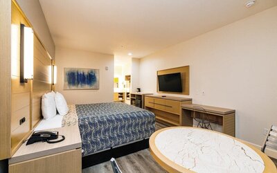 Day use room with TV and work desk at Palace Inn Blue IAH East.
