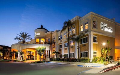 Hotel exterior at night at Hotel Marguerite.