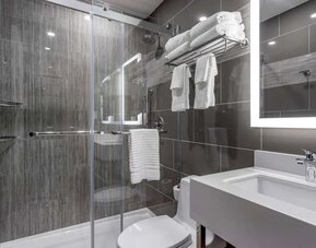 Guest bathroom with shower at Comfort Inn JFK Airport.