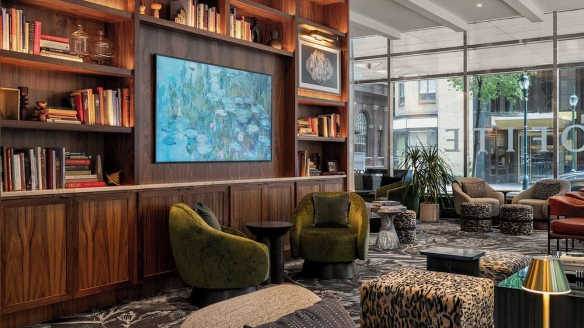 Hotel lounge and library at Sofitel Philadelphia At Rittenhouse Square.