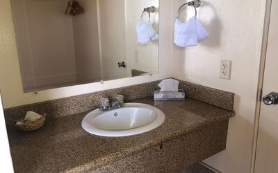 Guest bathroom with shower at Economy Inn, Fresno.