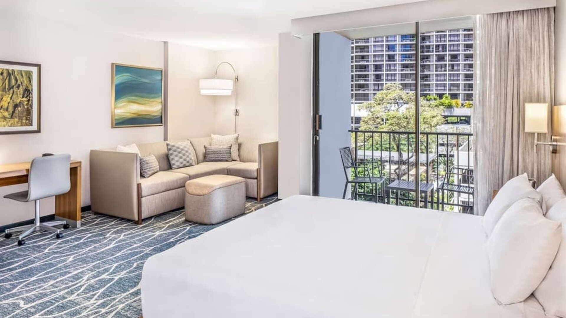 King suite with balcony at Hyatt Place Waikiki Beach.