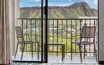 Balcony with mountain view at Hyatt Place Waikiki Beach.