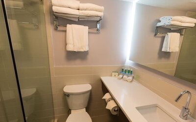 Guest bathroom with shower at Holiday Inn Express Edmonton Downtown.