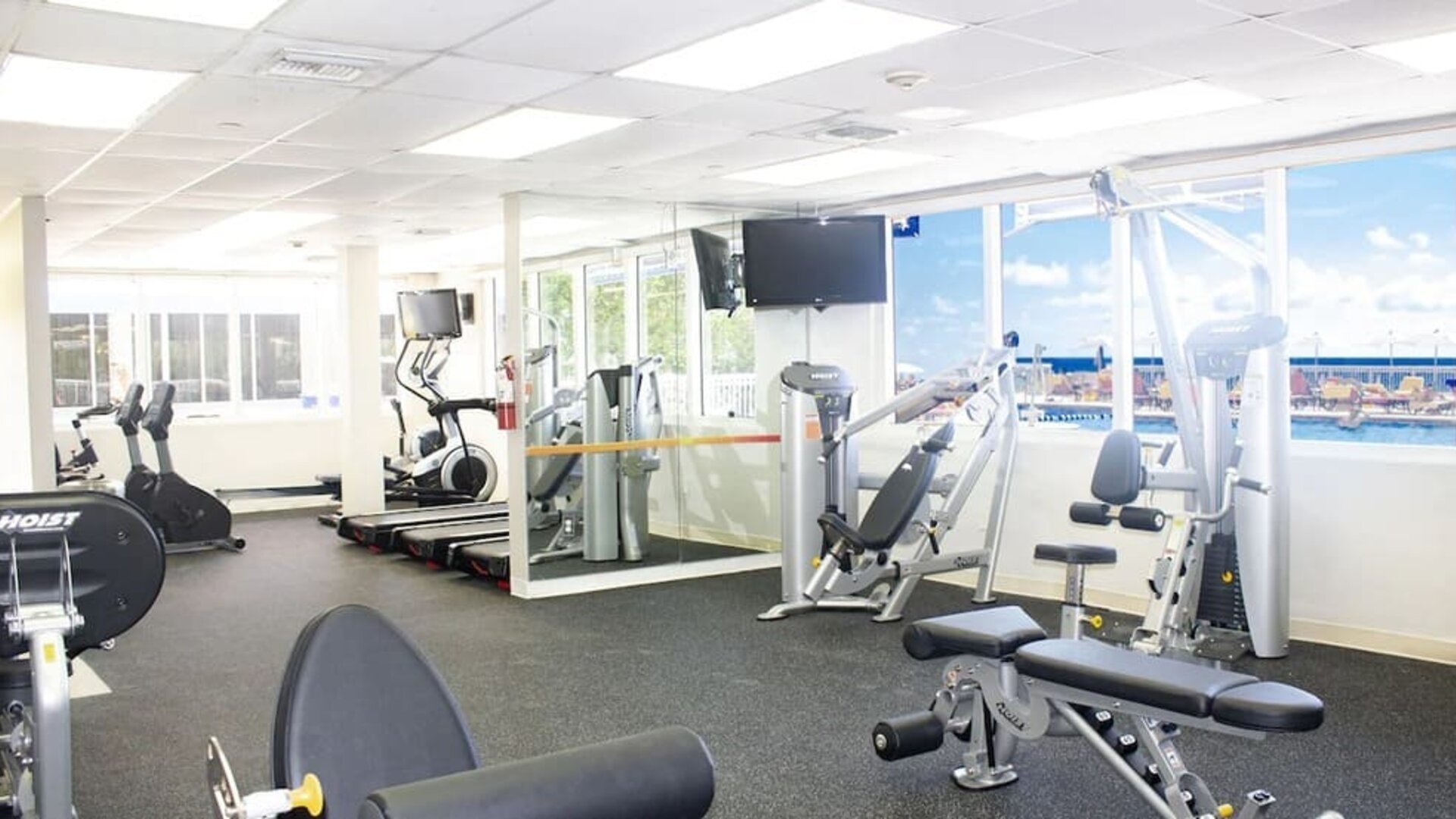Fitness center at Ramada Plaza Marco Polo Beach Resort.