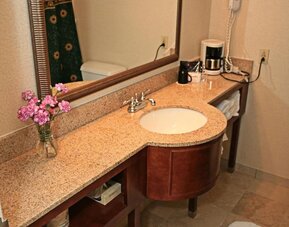 Guest bathroom featuring a granite vanity, large framed mirror, fresh towels, and convenient in-room amenities at Sturbridge Host Hotel.