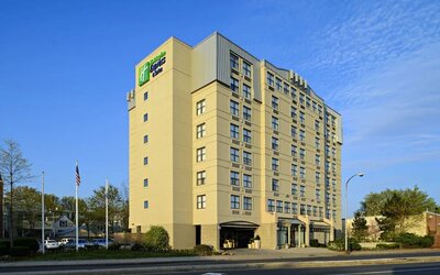 Exterior view of Holiday Inn Express & Suites Boston-Cambridge showcasing its modern architecture and convenient urban location.