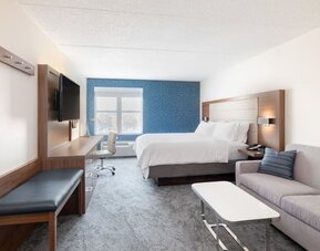 Bright guest room featuring a king bed, comfortable seating area, and abundant natural light at Holiday Inn Express & Suites Boston-Cambridge.