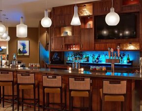Stylish hotel bar offering handcrafted beverages, comfortable seating, and a sophisticated atmosphere for relaxing after a busy day at Hilton Garden Inn Boston/Marlborough.