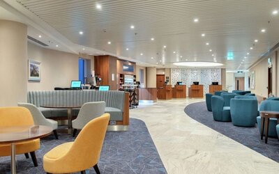 Lobby and coworking lounge at Hilton Garden Inn London Heathrow Terminals 2 And 3.