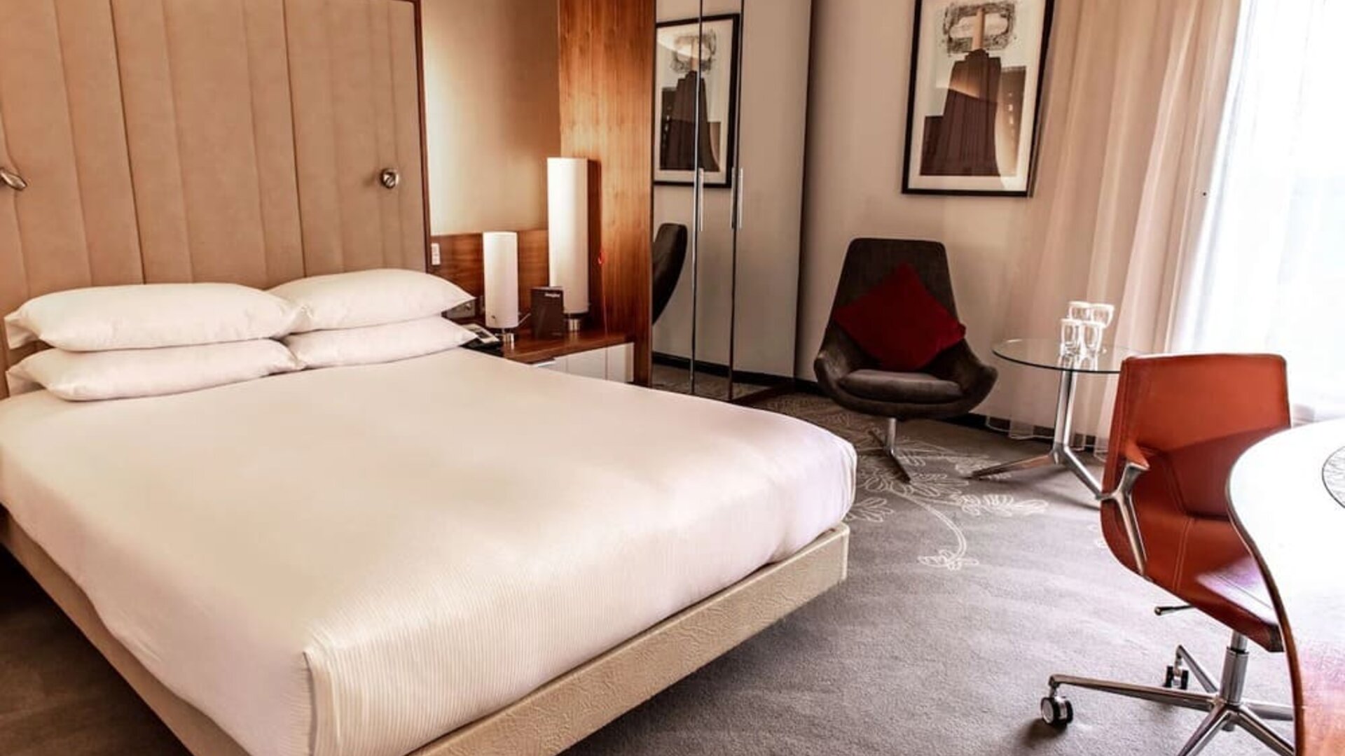 Day use room with work desk at Hilton London Heathrow Airport Terminal 5.