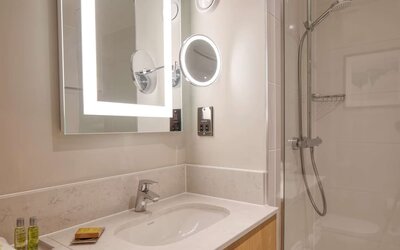 Guest bathroom with shower at DoubleTree By Hilton Southampton.