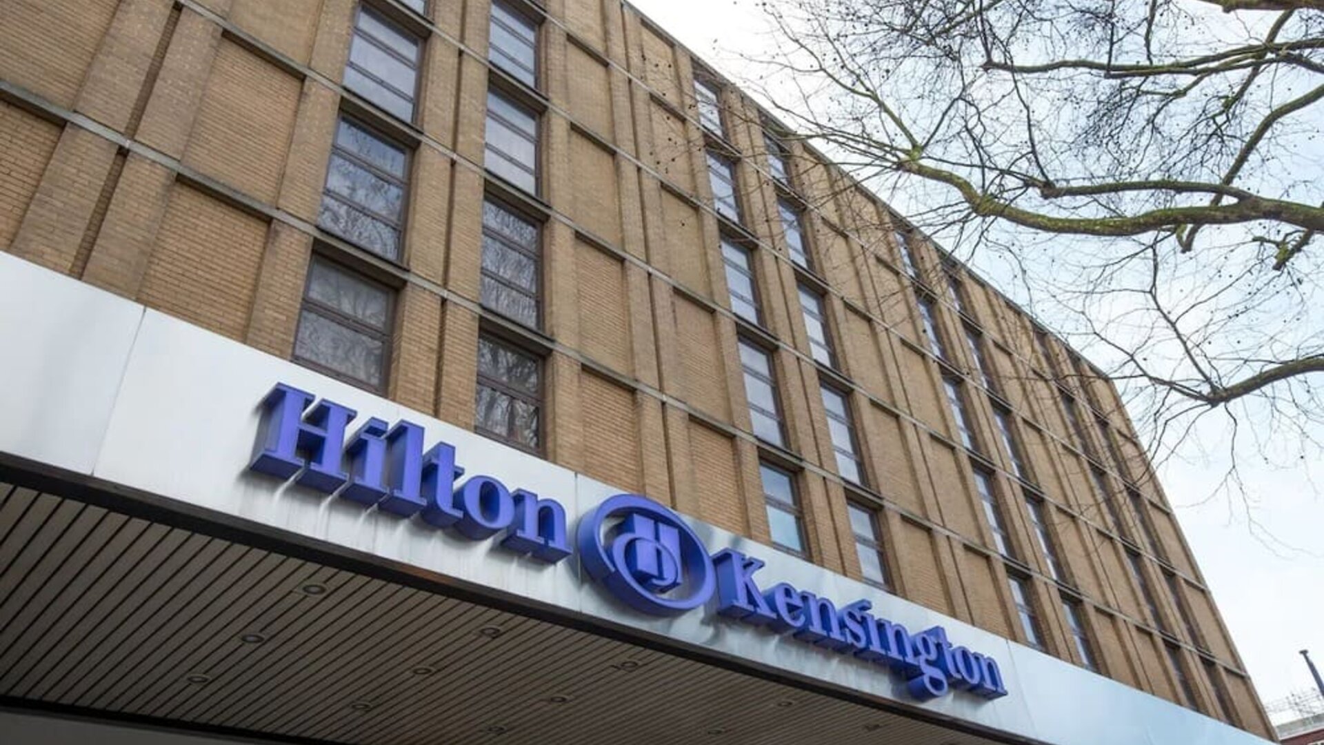 Hotel exterior at Hilton London Kensington.
