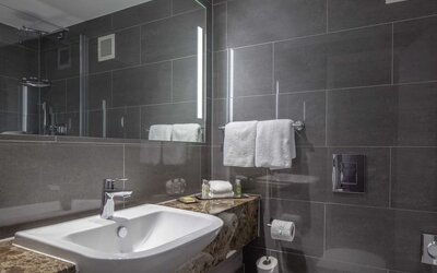Guest bathroom with shower at DoubleTree By Hilton Bristol City Centre.  