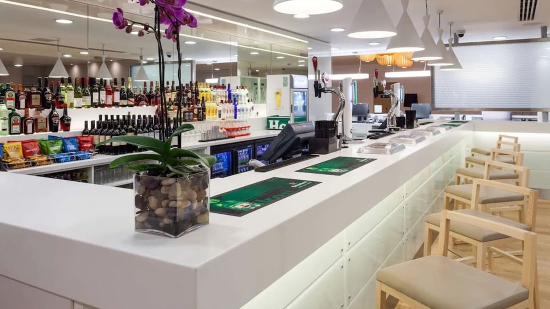 Coworking space and bar at Hampton By Hilton London Gatwick Airport.