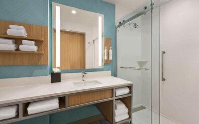 Guest bathroom at Hilton Garden Inn Nashville West End Avenue.