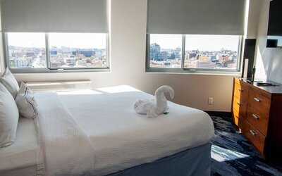 Romantic king room with city views at Fairfield Inn & Suites New York Brooklyn.
