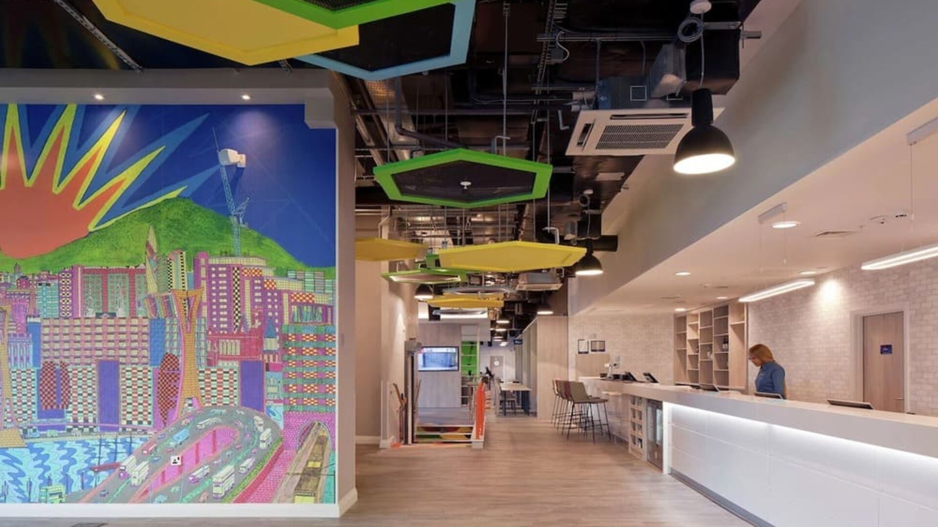 Lobby and coworking lounge at Hampton By Hilton Leeds City Centre.