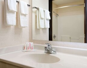 Private bathroom with shower at Baymont By Wyndham Pella.