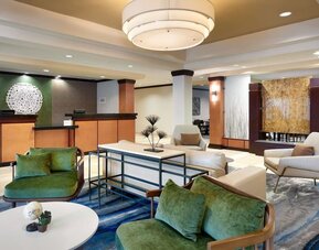Lobby and coworking lounge at Fairfield Inn & Suites By Marriott Tallahassee Central.