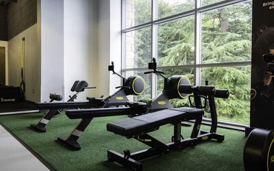 Well equipped fitness center with a view at DoubleTree By Hilton Bristol South - Cadbury House.