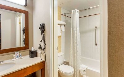 Private bathroom with shower at Comfort Suites Oakbrook Terrace.