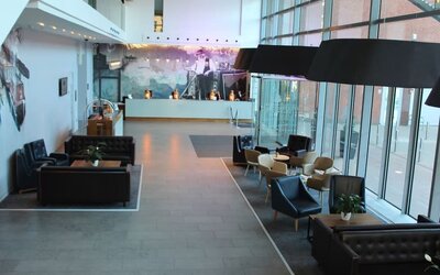 Lobby and coworking lounge at DoubleTree By Hilton Leeds City Centre.