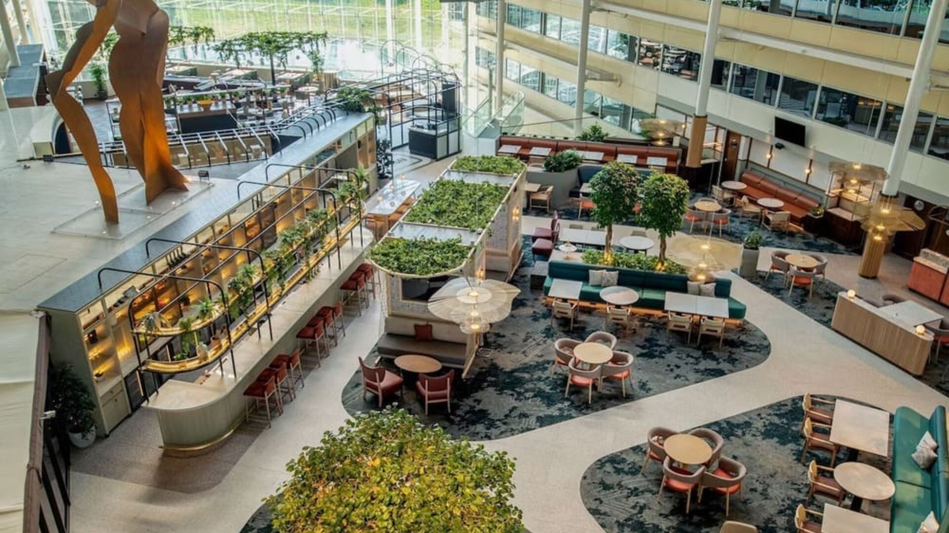 Restaurant and bar view from above at Hilton London Heathrow Airport.