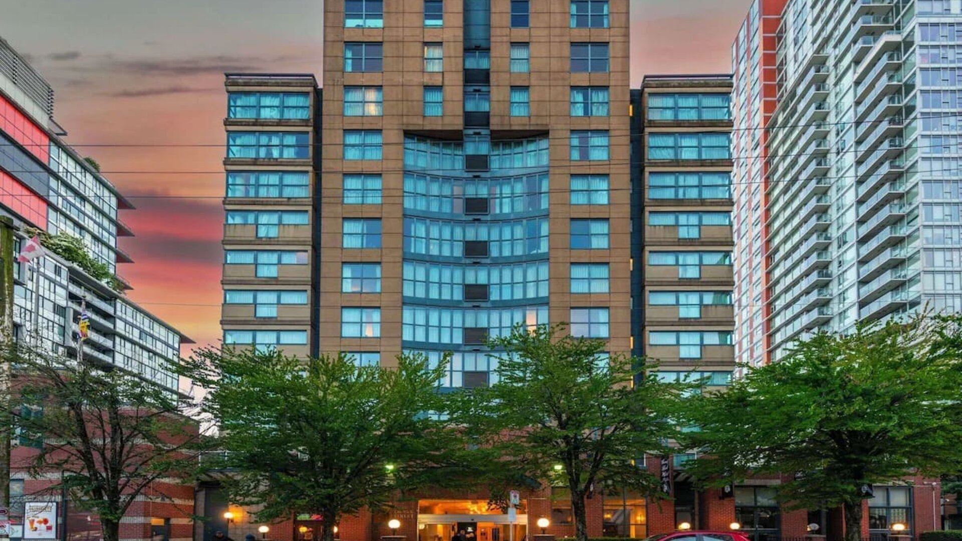 Hotel exterior and city view at Grand Park Hotel & Suites Downtown Vancouver.