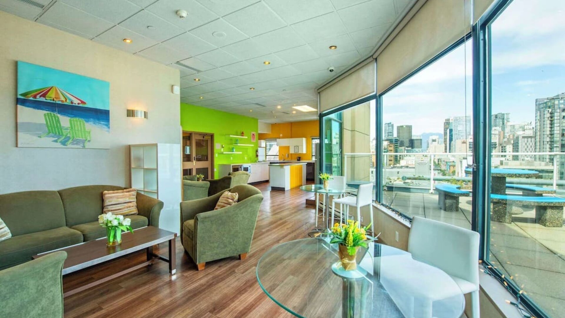 Lounge and coworking area at Grand Park Hotel & Suites Downtown Vancouver.